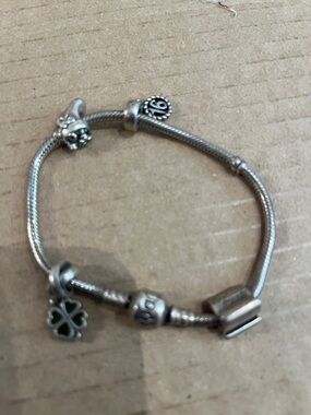 Vintage Pandora Silver Bracelet with Green Four-Leaf Clover Charm sweet 16,